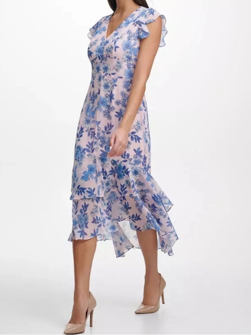 Tommy Hilfiger Women  Pink & Blue Floral Tiered High-Low Ruffle Dress size 10